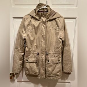 AEROPOSTALE PRINCE & FOX WOMENS TAN UTILITY JACKET RED PLAID LINING SIZE MEDIUM